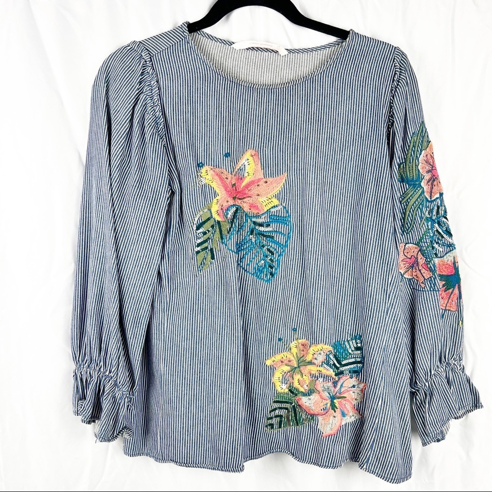 Zara Trafuluc Denimwear Embroidered Striped Top Size Small